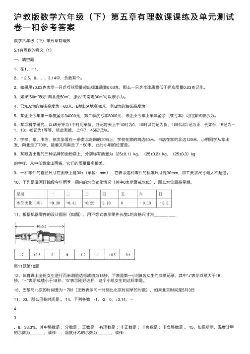 沪教版数学六年级（下）第五章有理数课课练及单元测试卷一和参考答案