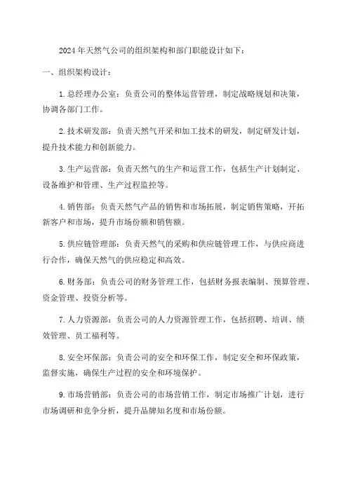 2024年天然气公司组织架构和部门职能设计