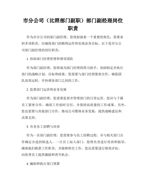 市分公司(比照部门副职)部门副经理岗位职责