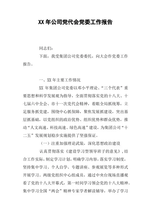 XX年公司党代会党委工作报告