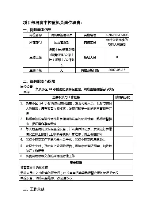 6消防中控值机员岗位说明书