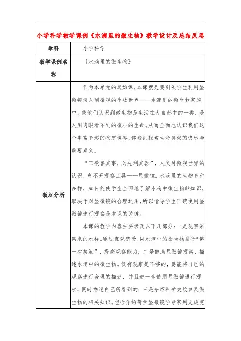 小学科学教学课例《水滴里的微生物》课程思政核心素养教学设计及总结反思