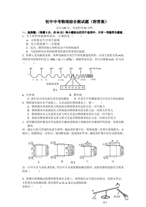 初中中考物理综合测试题(附答案)