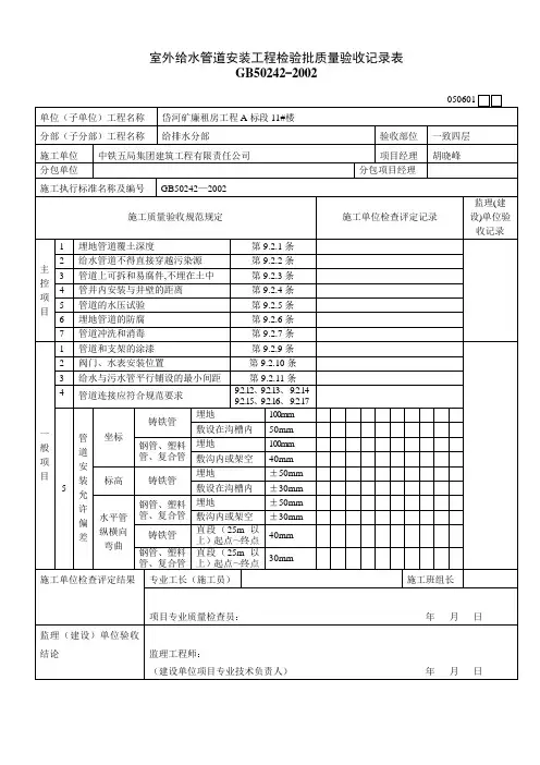 室外给水管道安装工程检验批质量验收记录表