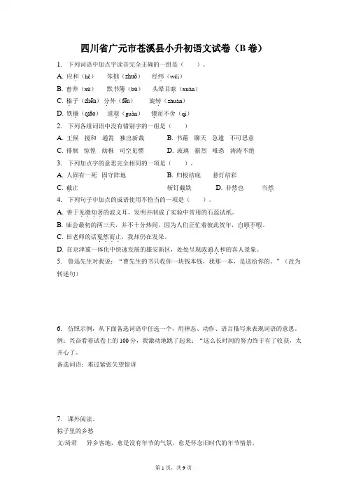 四川省广元市苍溪县小升初语文试卷(B卷)和答案解析