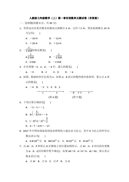 【精选】人教版数学七年级上册第一章有理数单元复习巩固测试及答案