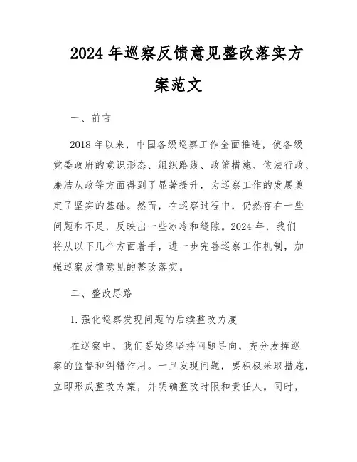 2024年巡察反馈意见整改落实方案范文
