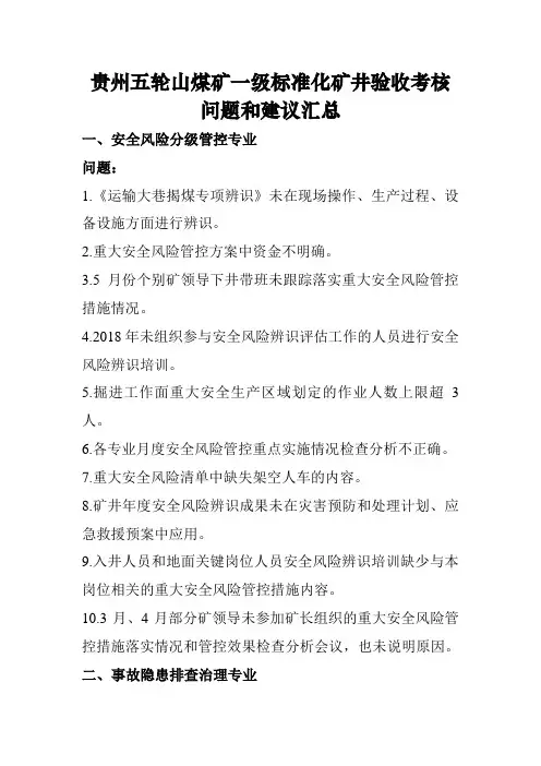 五轮山煤矿一级标准化矿井验收考核问题和建议汇总