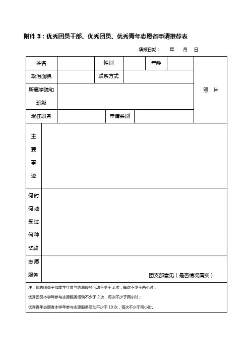 五四评优申请推荐表