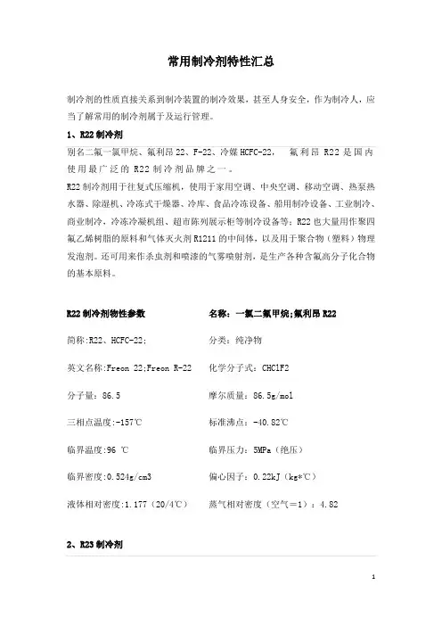 常用制冷剂特性汇总