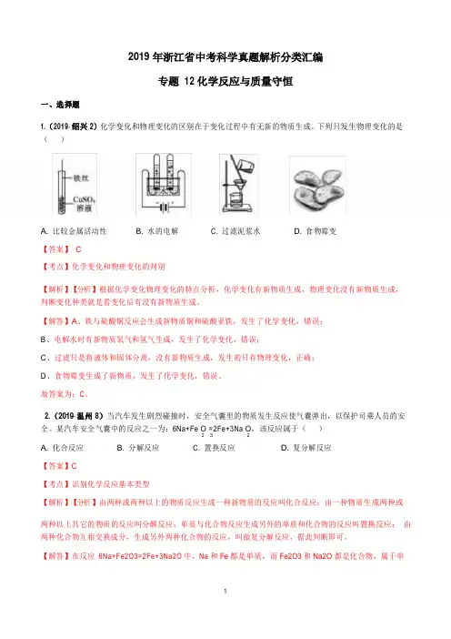 2019年浙江省中考科学真题解析分类汇编专题12 化学反应与质量守恒