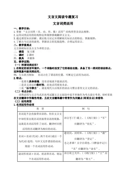 文言词类活用 教案-2021-2022学年高三语文文言文专题复习