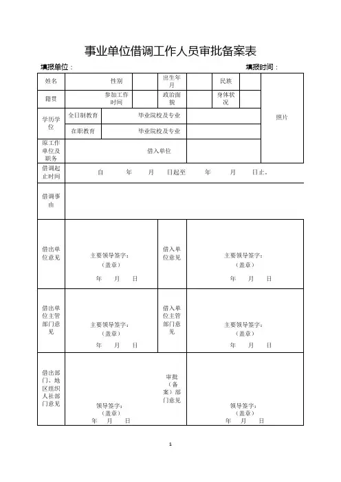 事业单位借调工作人员审批备案表
