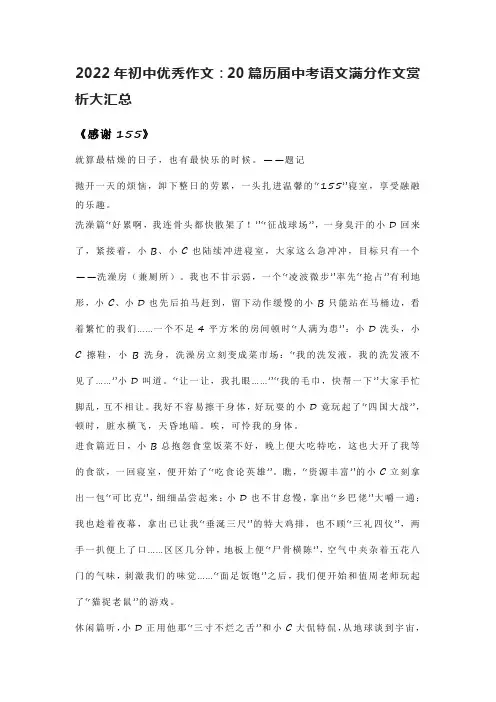 2022年初中优秀作文：20篇历届中考语文满分作文赏析大汇总