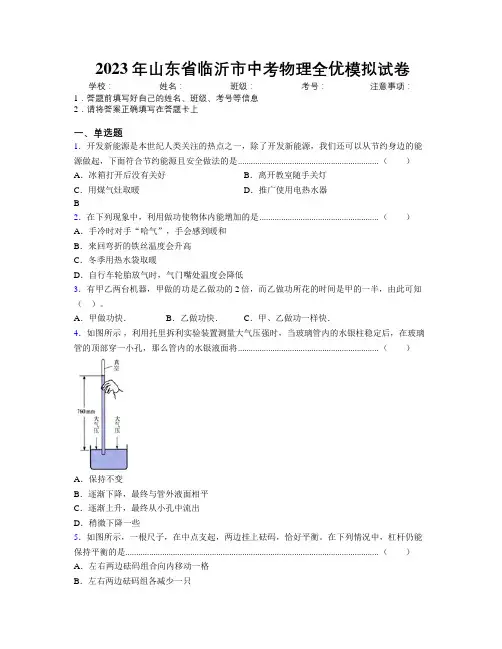 2023年山东省临沂市中考物理全优模拟试卷及解析