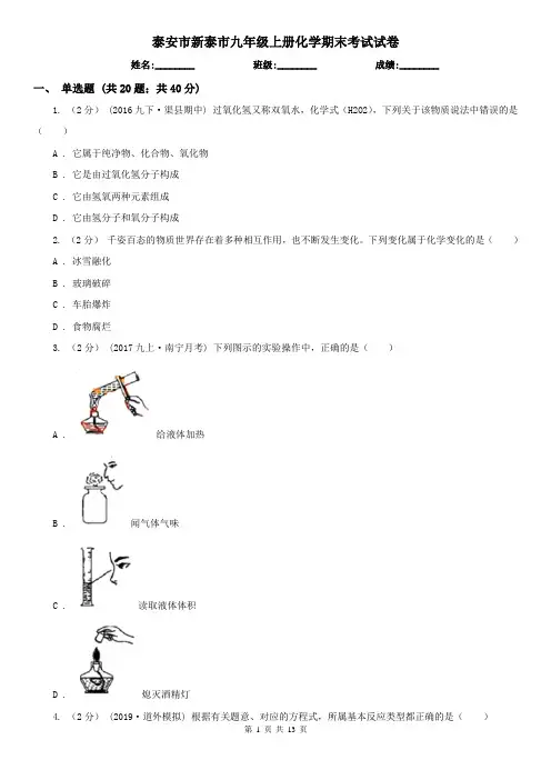 泰安市新泰市九年级上册化学期末考试试卷