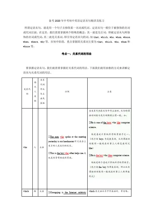 备考2020年中考初中英语定语从句精讲及练习  含答案