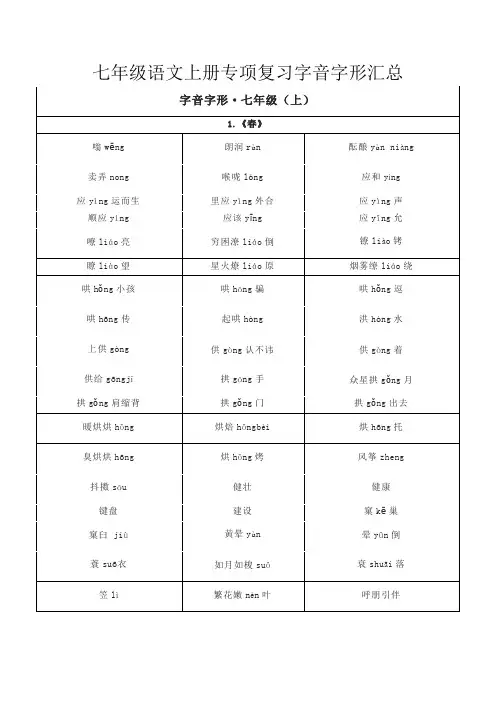 七年级语文上册专项复习字音字形汇总