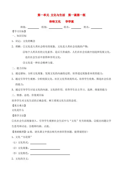 高中政治 文化生活第一单元体味文化导学案 新人教版必修3