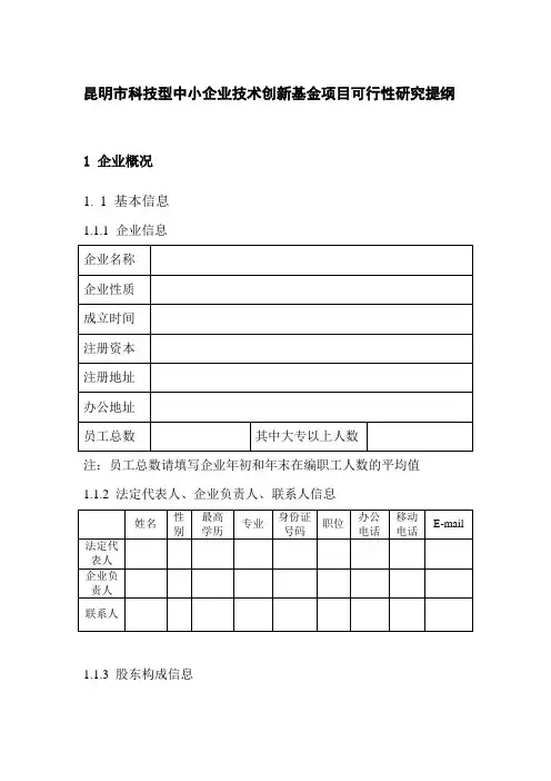 昆明市科技型中小企业技术创新基金项目可行性研究提纲汇总