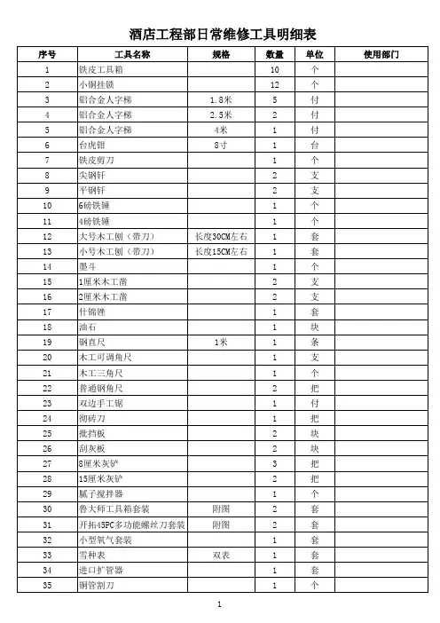 酒店工程部日常维修工具明细表