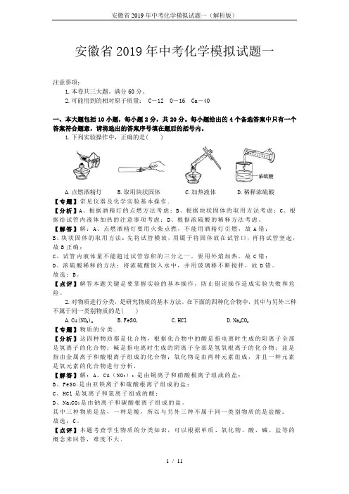 安徽省2019年中考化学模拟试题一(解析版)
