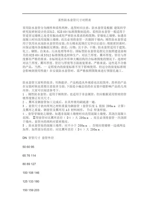 柔性防水套管尺寸对照表