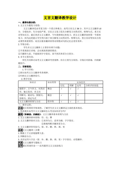 高三年级语文      文言文翻译教学设计