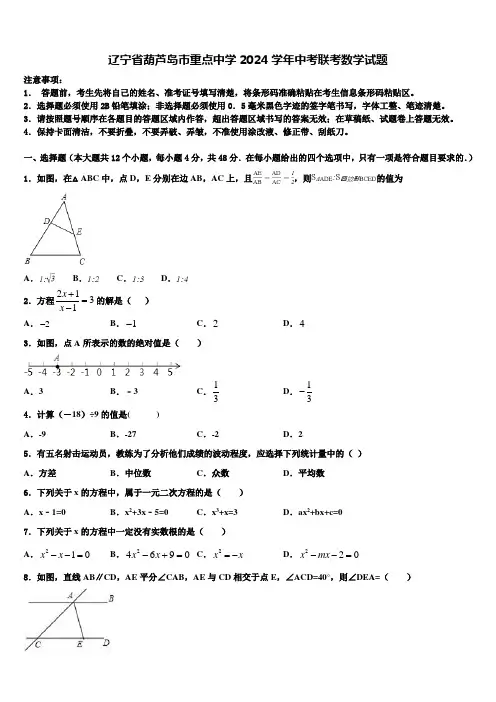 辽宁省葫芦岛市重点中学2024届中考联考数学试题含解析