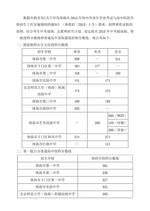 珠海市2015年中考录取分数线