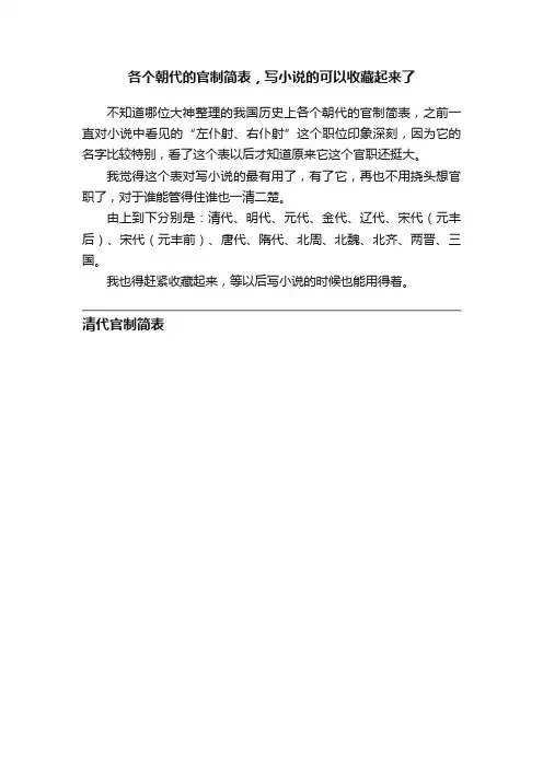 各个朝代的官制简表，写小说的可以收藏起来了