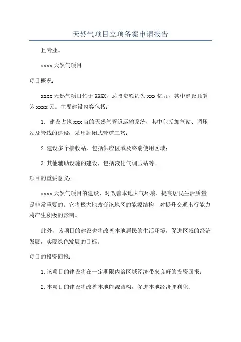 天然气项目立项备案申请报告
