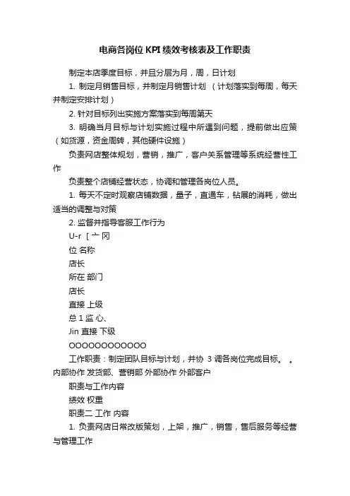 电商各岗位KPI绩效考核表及工作职责