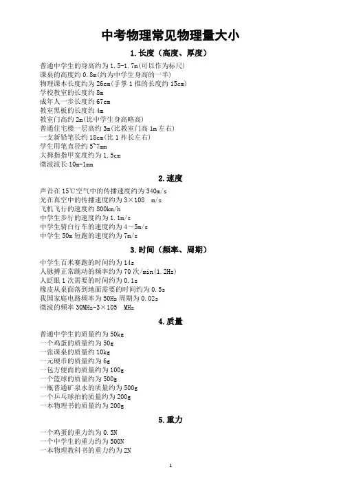 初中物理2024届中考常见物理量大小整理汇总(共12类)
