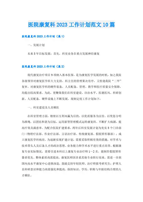 医院康复科2023工作计划范文10篇