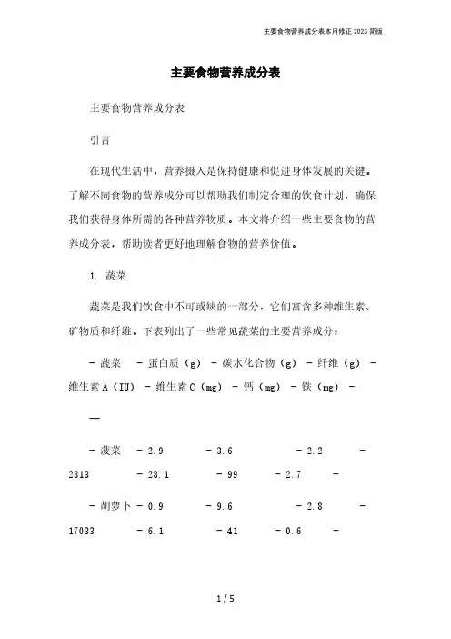 主要食物营养成分表本月修正2023简版
