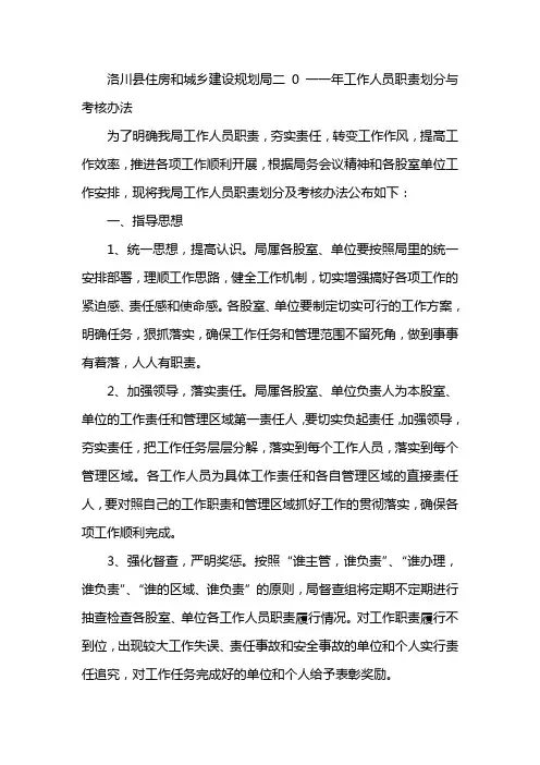 洛川县住房和城乡建设规划局二0一一年工作人员职责划分与考核办法