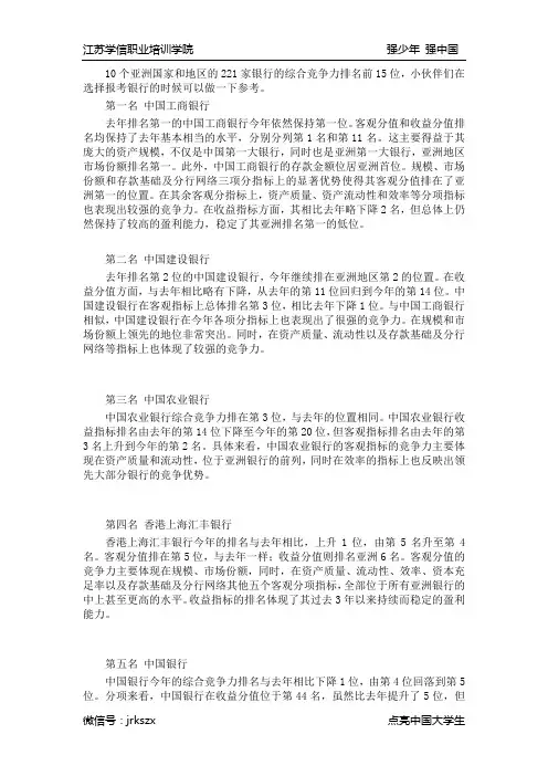 亚洲银行竞争力排行榜
