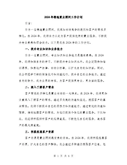 2024年精选置业顾问工作计划（2篇）
