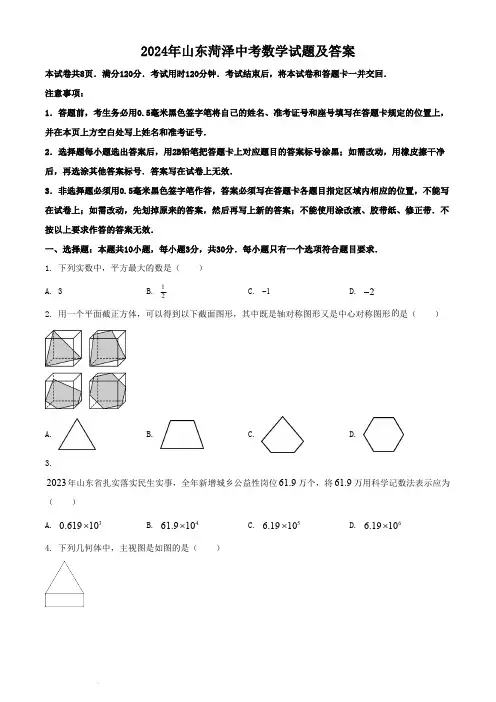 2024年山东菏泽中考数学试题及答案