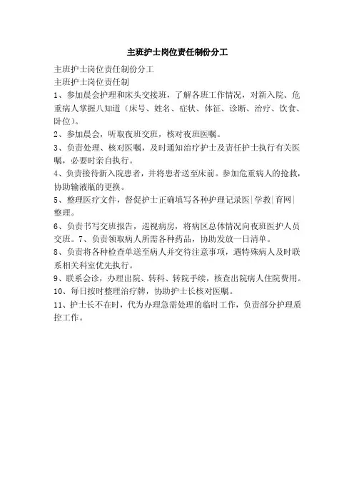 主班护士岗位责任制份分工