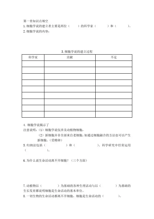 高中生物必修一第一章知识点填空