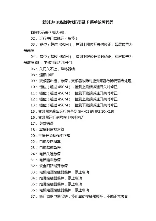 新时达电梯故障代码表及F菜单故障代码