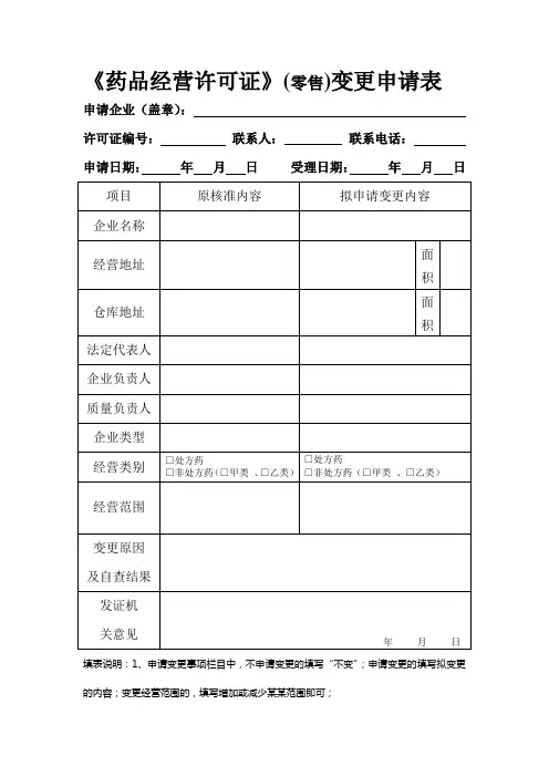 《药品经营许可证》(零售)变更申请表