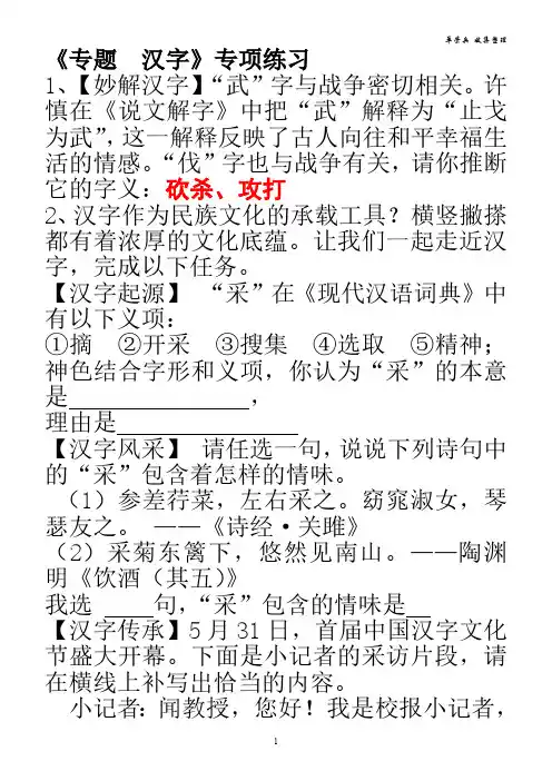 《专题--汉字》专项练习答案版