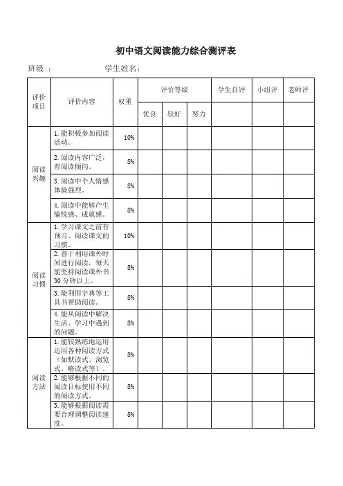 初中语文阅读能力综合测评表