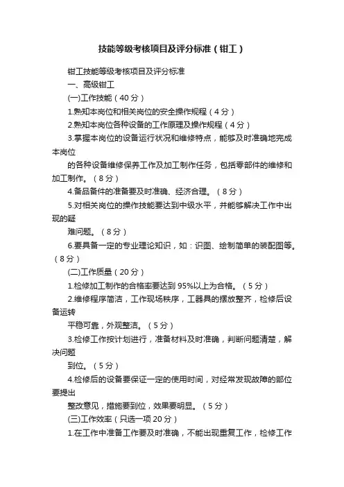 技能等级考核项目及评分标准（钳工）
