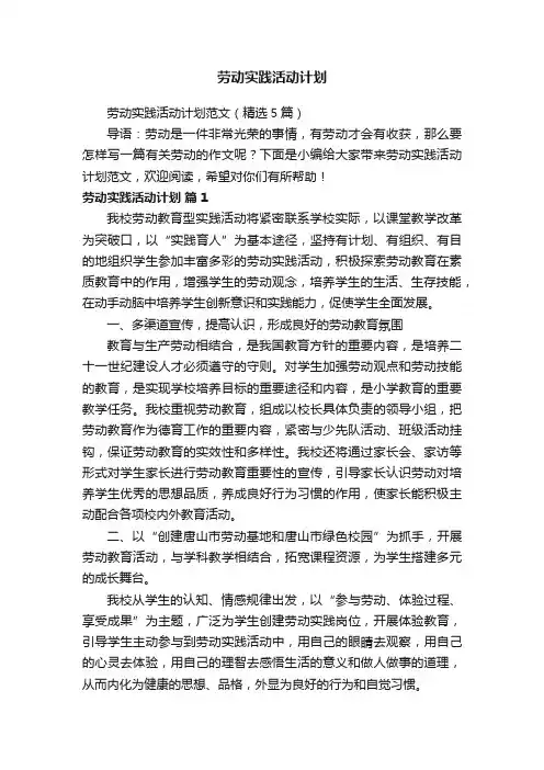劳动实践活动计划范文（精选5篇）