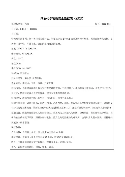 汽油MSDS优物质安全数据表