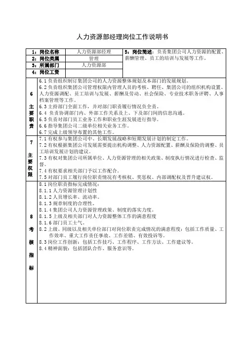 人力资源部经理岗位工作说明书